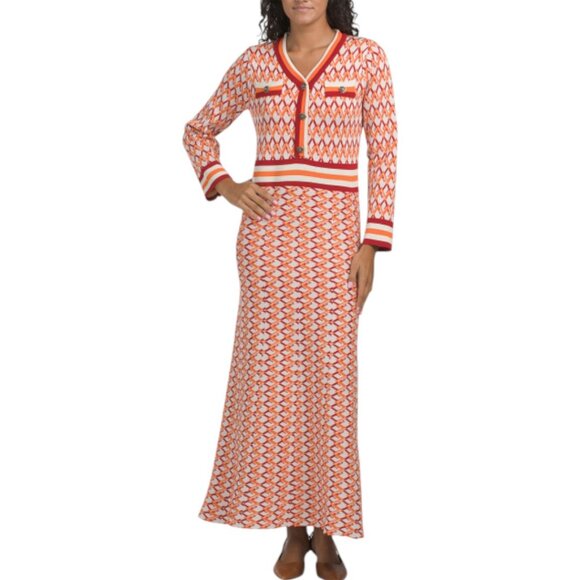 DALIA MACPHEE Orange/Red Long Sleeve Printed Maxi Sweater Dress NWT - Picture 1 of 2